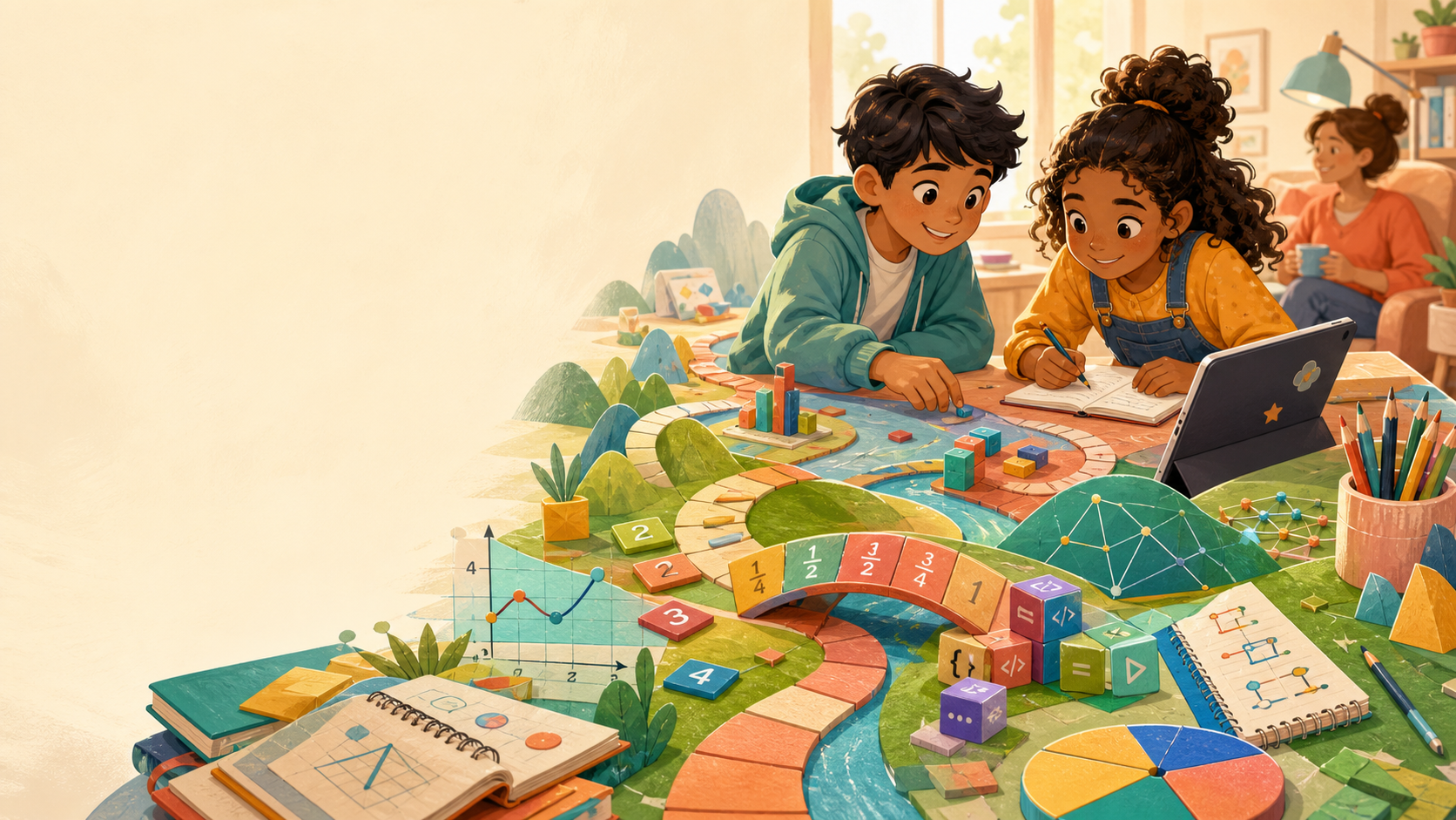 Two learners exploring a colorful math and coding adventure map at home